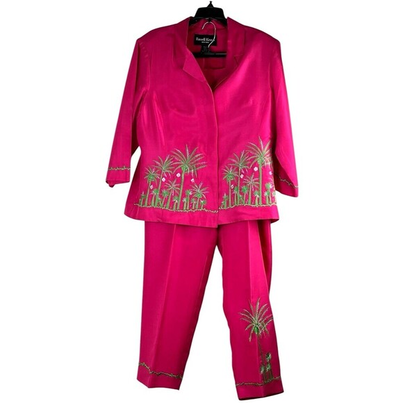 Russell Kemp Vintage Silk Pantsuit Sz 12 Embroidered Tropical Cruise Island Pink - Picture 1 of 10